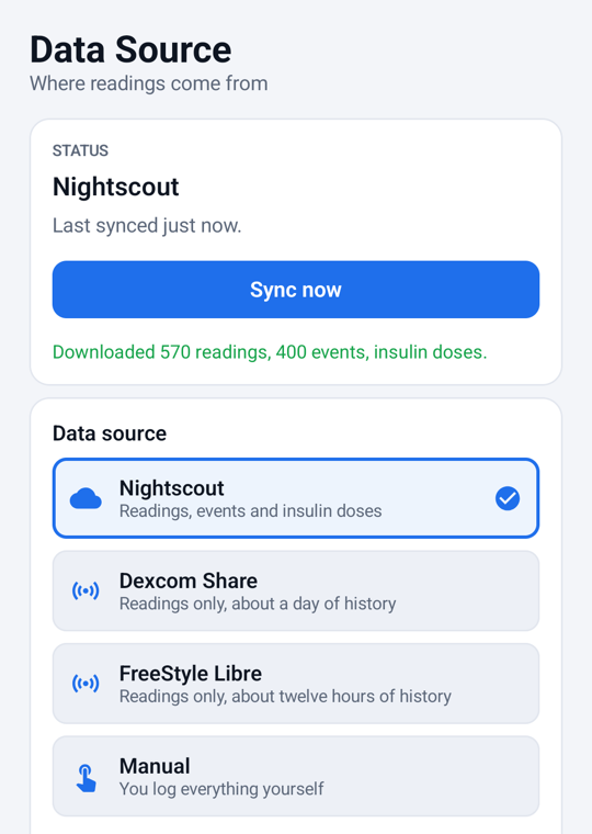Data Source: status, Sync now and the four sources