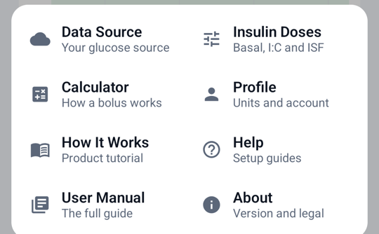 Menu, opened from the bottom bar