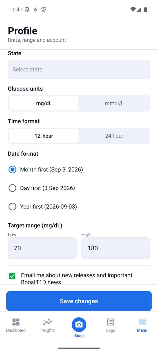 Profile: state, units, time format, date format and targets