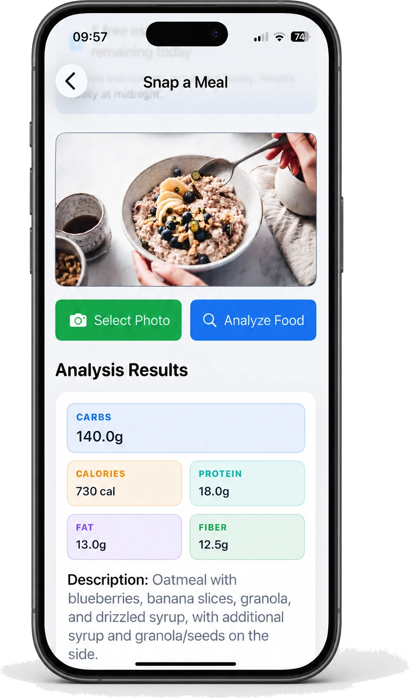 The Snap a Meal screen on iPhone: a photographed bowl of oatmeal with blueberries, banana and granola, analysed into 140g carbs, 730 calories, 18g protein, 13g fat and 12.5g fibre, with a written description of the meal.
