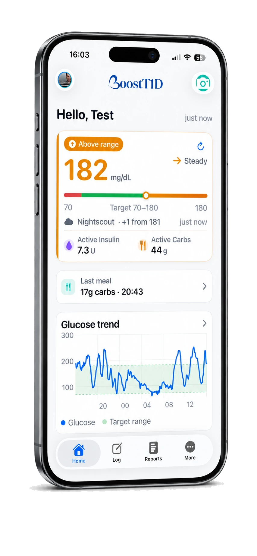 The BoostT1D dashboard on iPhone: a glucose reading of 182 mg/dL above range and steady, pulled from Nightscout, with active insulin and carbs, the last meal logged, and a glucose trend chart against the target range.