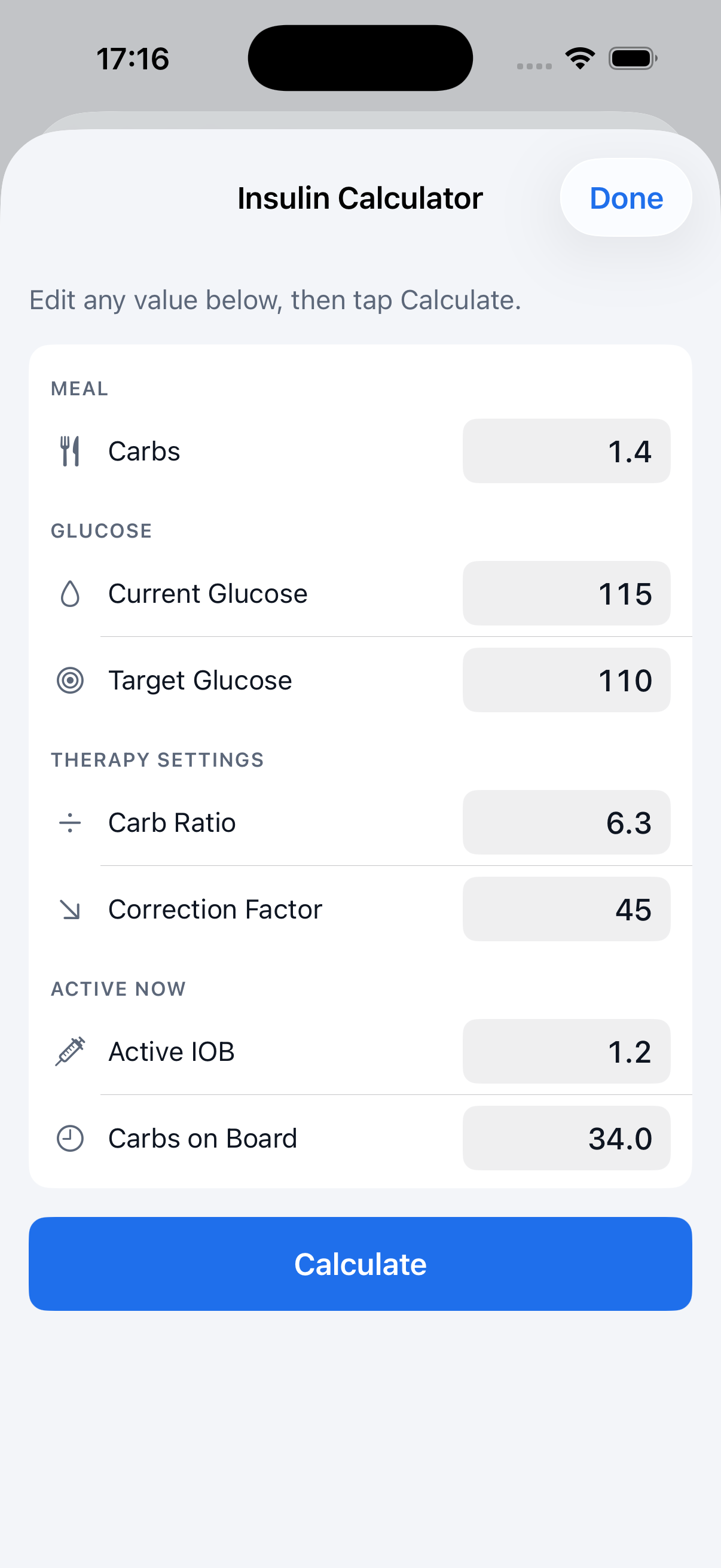 Insulin calculator input fields