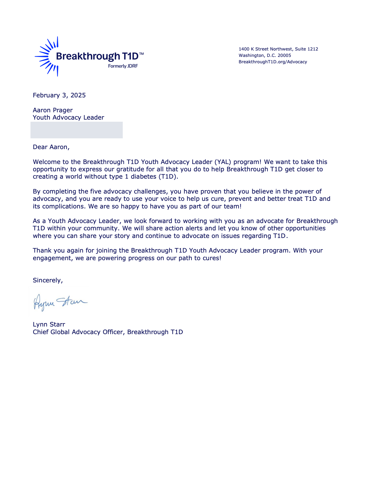 Breakthrough T1D welcome letter naming Aaron Prager a Youth Advocacy Leader, signed by Lynn Starr